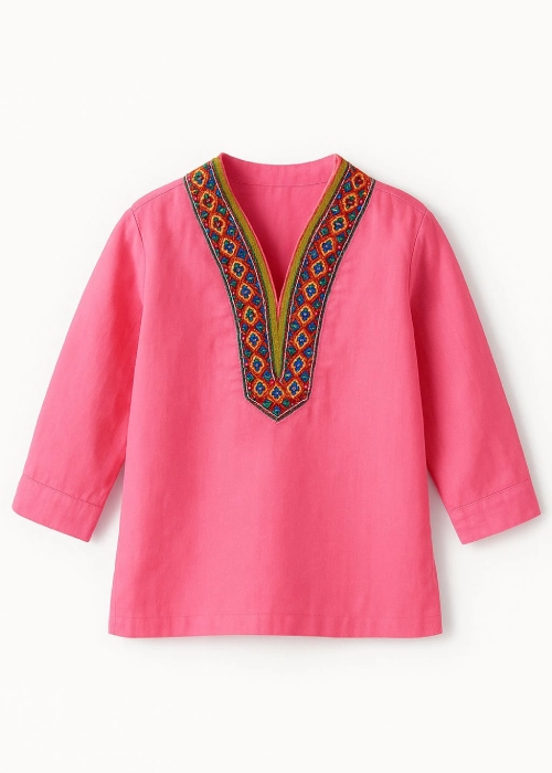 Pink Embroidered Neck Kids Kurta