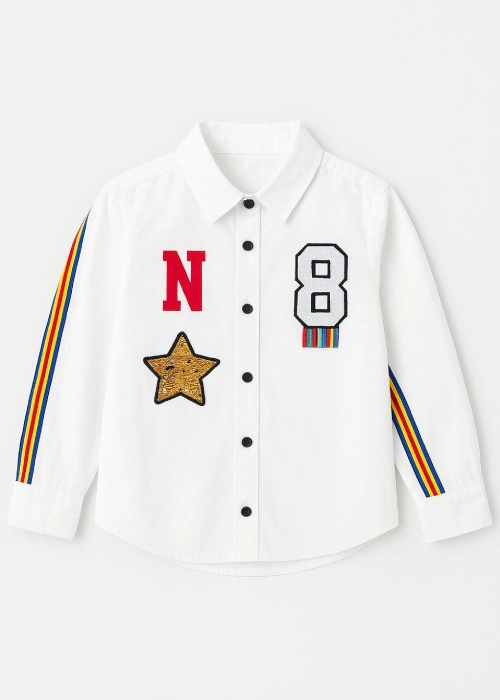 Kids White Striped Shirt with Star, Alphabet & Number Patch