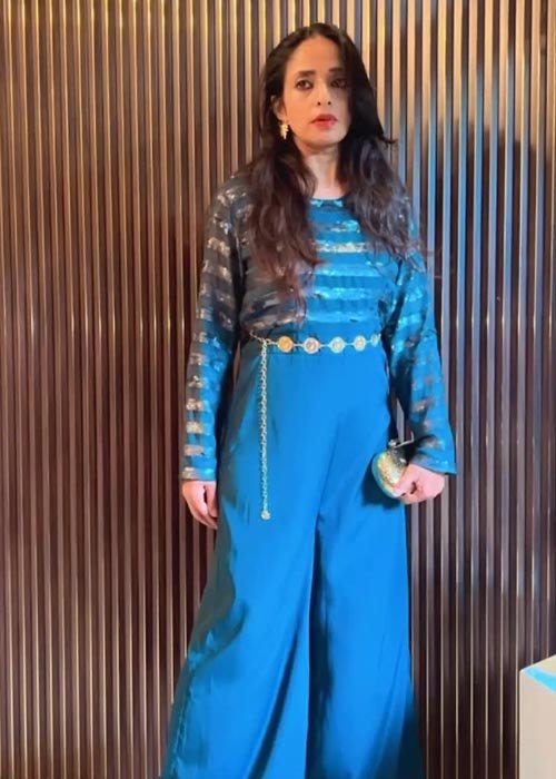 Elegant Teal Blue Silk Co-ord Set with Metallic Striped Top and Palazzo Pants