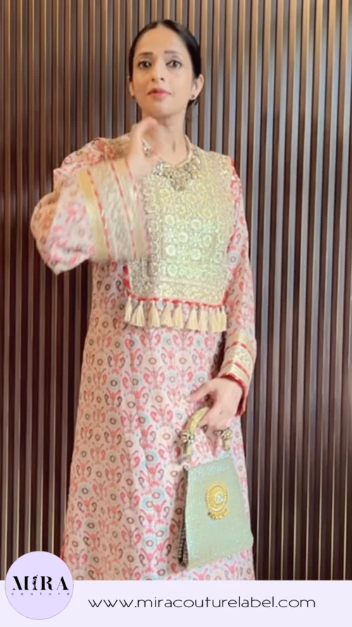 Pastel Pink Embroidered Kurta Set with Mint Green Potli Bag