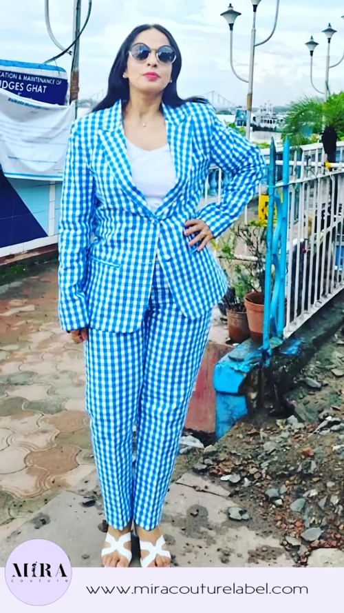 Blue Gingham Power Suit – Bold, Chic & Effortlessly Modern