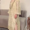 Elegant Beige Floral Kaftan Dress with Embellished Neckline