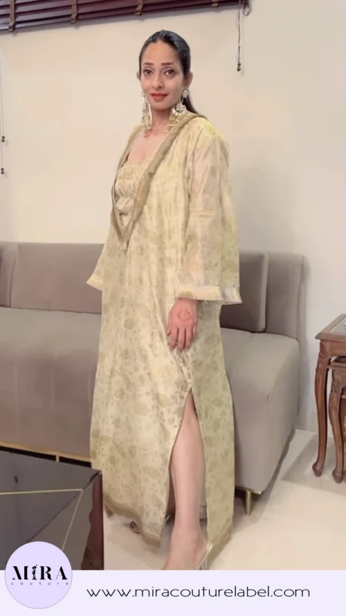 Elegant Beige Floral Kaftan Dress with Embellished Neckline