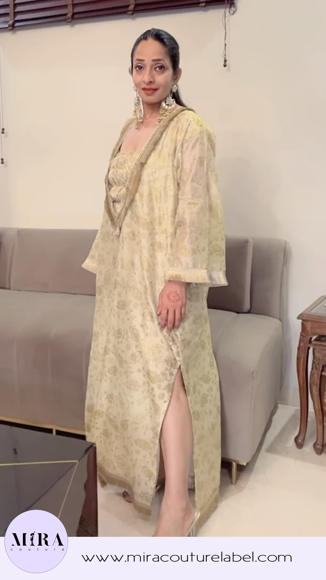 Elegant Beige Floral Kaftan Dress with Embellished Neckline