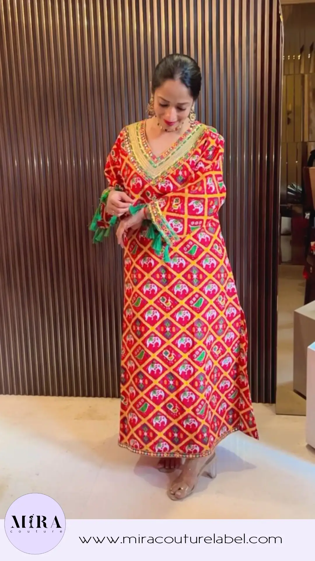 Vibrant Red Handcrafted Kaftan Dress with Mirror and Tassel Detailing