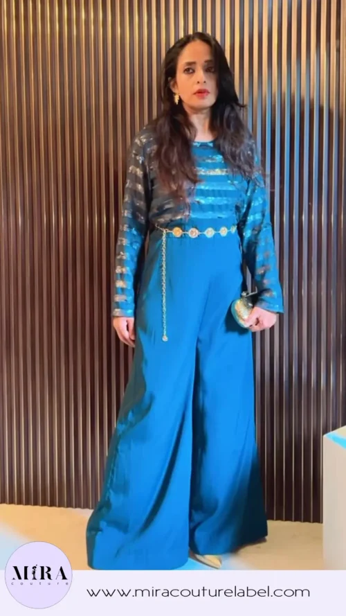 Elegant Teal Blue Silk Co-ord Set with Metallic Striped Top and Palazzo Pants