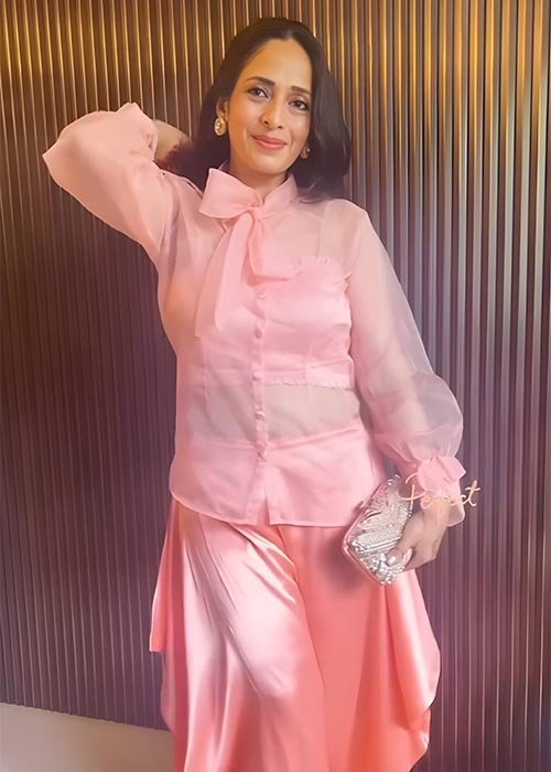 Organza Bow-Tie Blouse & Satin Cowl Pant Set