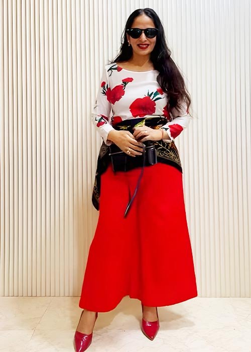 Bold Floral Print Boat-Neck Top & High-Waist Red Palazzo Coordinates