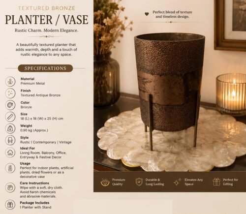 Textured Bronze Metal Planter with Stand