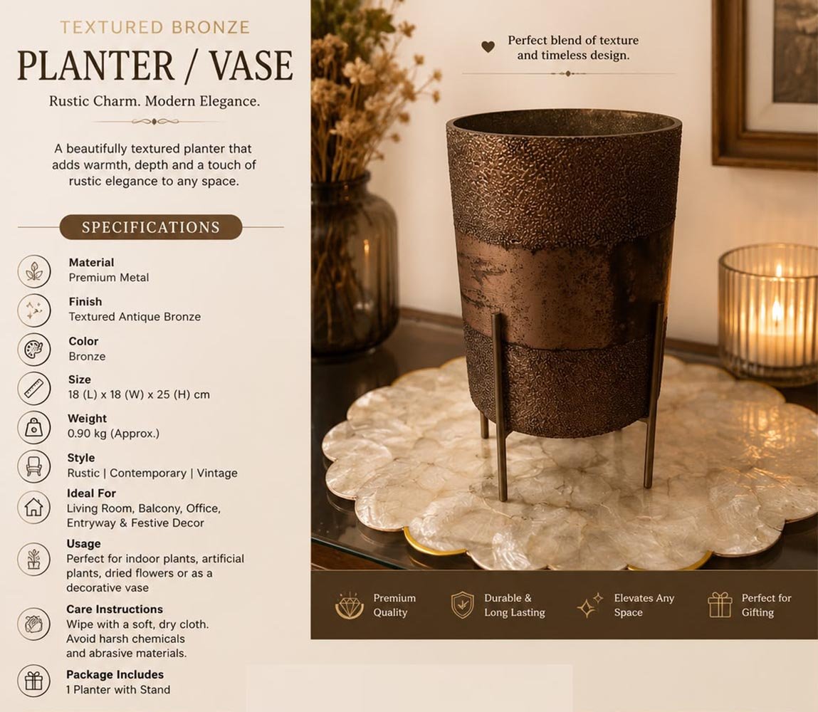 Textured Bronze Metal Planter with Stand
