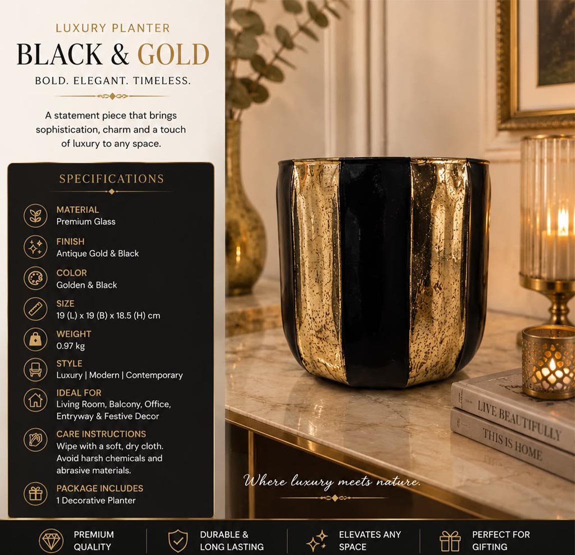 Decorative Glass Vase Black & Gold Striped Mercury Glass Vase